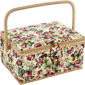 Large Sewing Basket, Vintage Wooden Sewing Box with Removable Tray, Rose